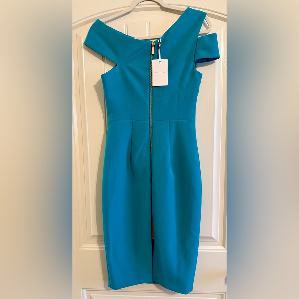 Ted Baker London Yandal Turquoise Asymmetrical Body Con Dress NWT’s Size 4 - Picture 4 of 5